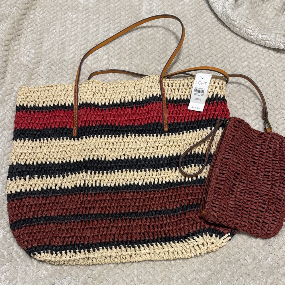 #14 LOFT Multicolor Striped Crochet Tote Bag